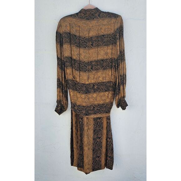 Vintage Francesca of Damon Dress Womens Size 14 Silk Gold Black Pleated Tie 80s - Picture 7 of 11